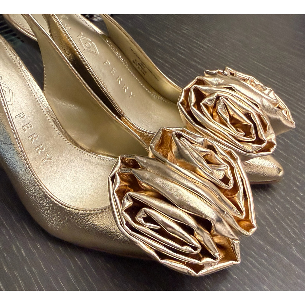 NEW KATY PERRY GOLD THE LATERR HIGH FLOWER SLINGBACK PUMPS HIGH HEELS SHOES 5.5 - Picture 8 of 9
